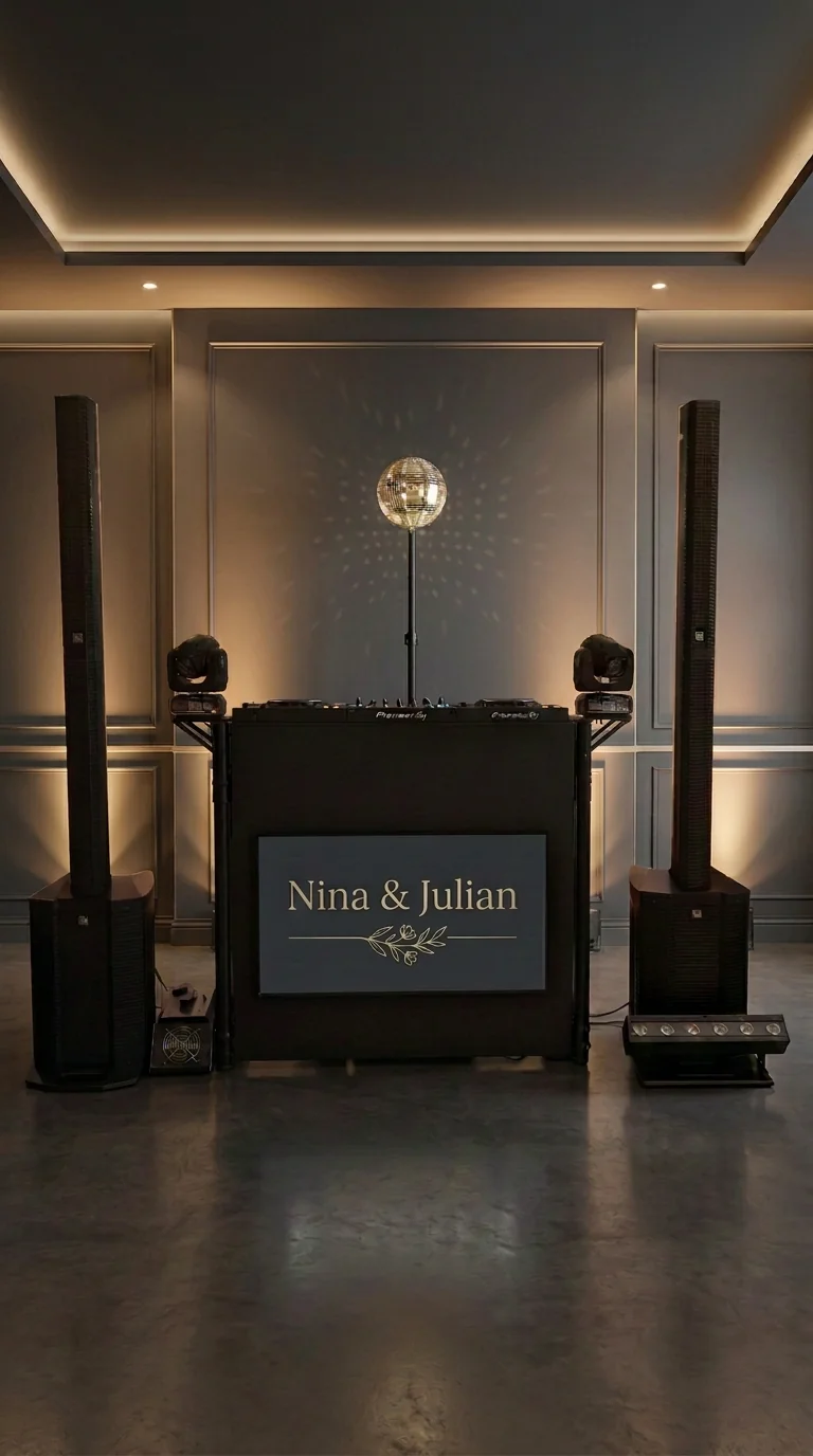DJ-Setup von DJ Sven bei einer Hochzeit: schwarzes Pult, Screen mit Monogramm des Brautpaars und warmes Licht auf der Tanzfläche