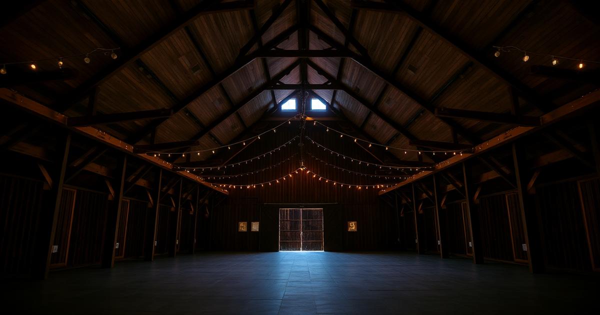 Leere Hochzeitsscheune mit hohem Holzdachstuhl und Lichterketten in der Dämmerung