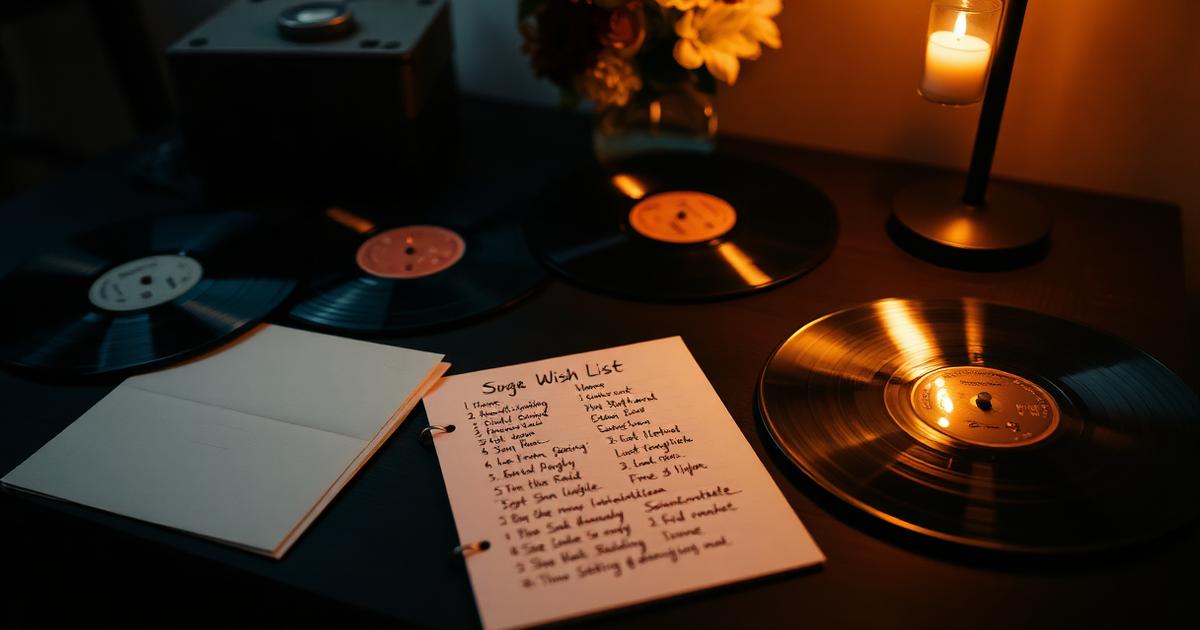 Schallplatten und handschriftliche Songwunschliste bei warmem Licht auf dunklem Tisch