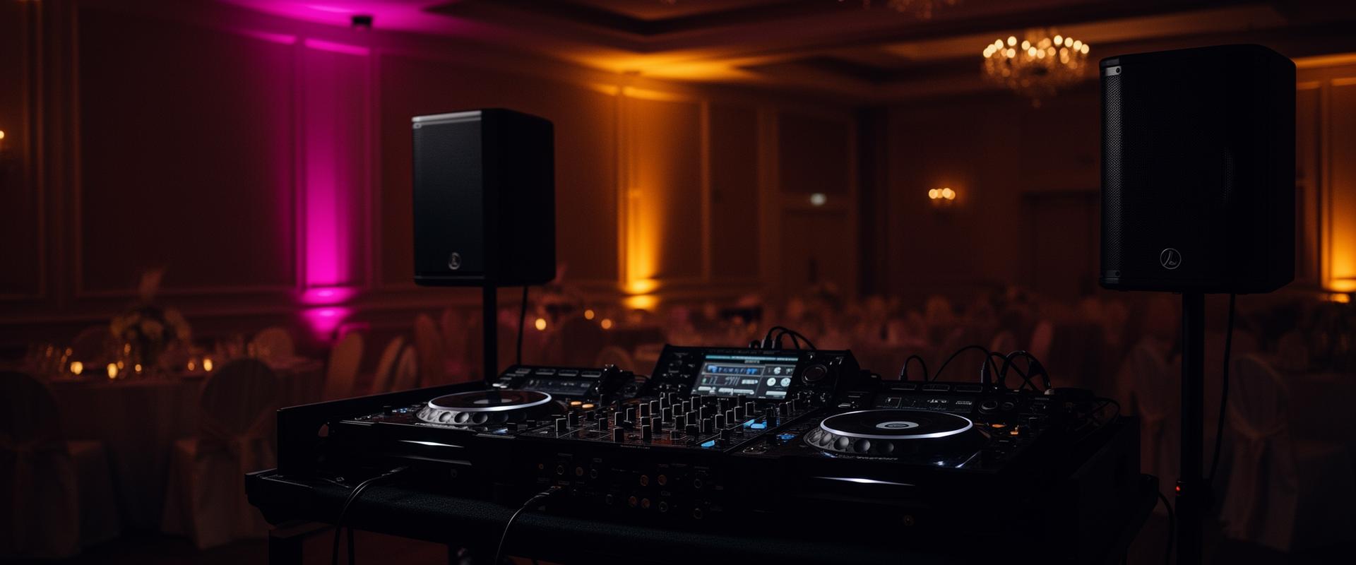 Elegantes schwarzes DJ-Setup mit Ambiente-Beleuchtung in einer Hochzeitslocation